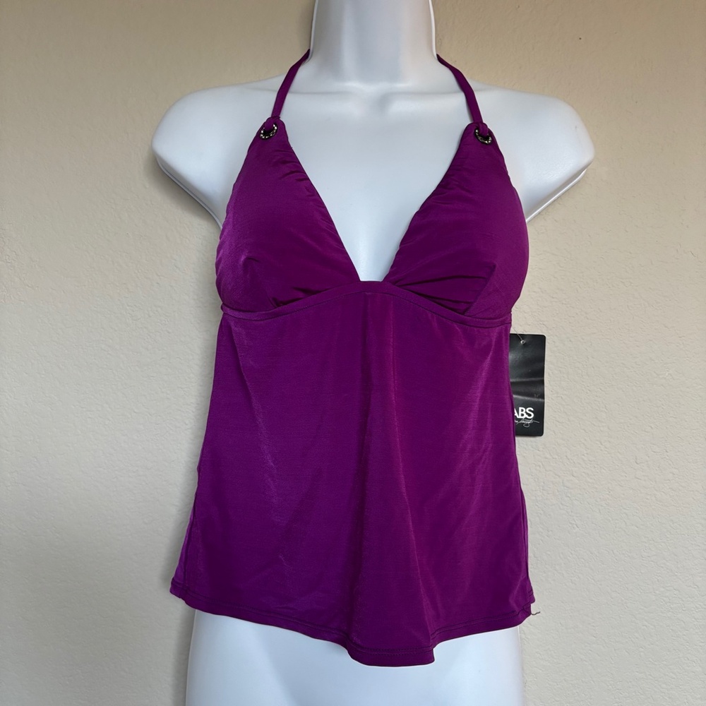 ABS Allen Schwartz Tankini Top Rhinestones Purple Tie Back Women's Size M NWT